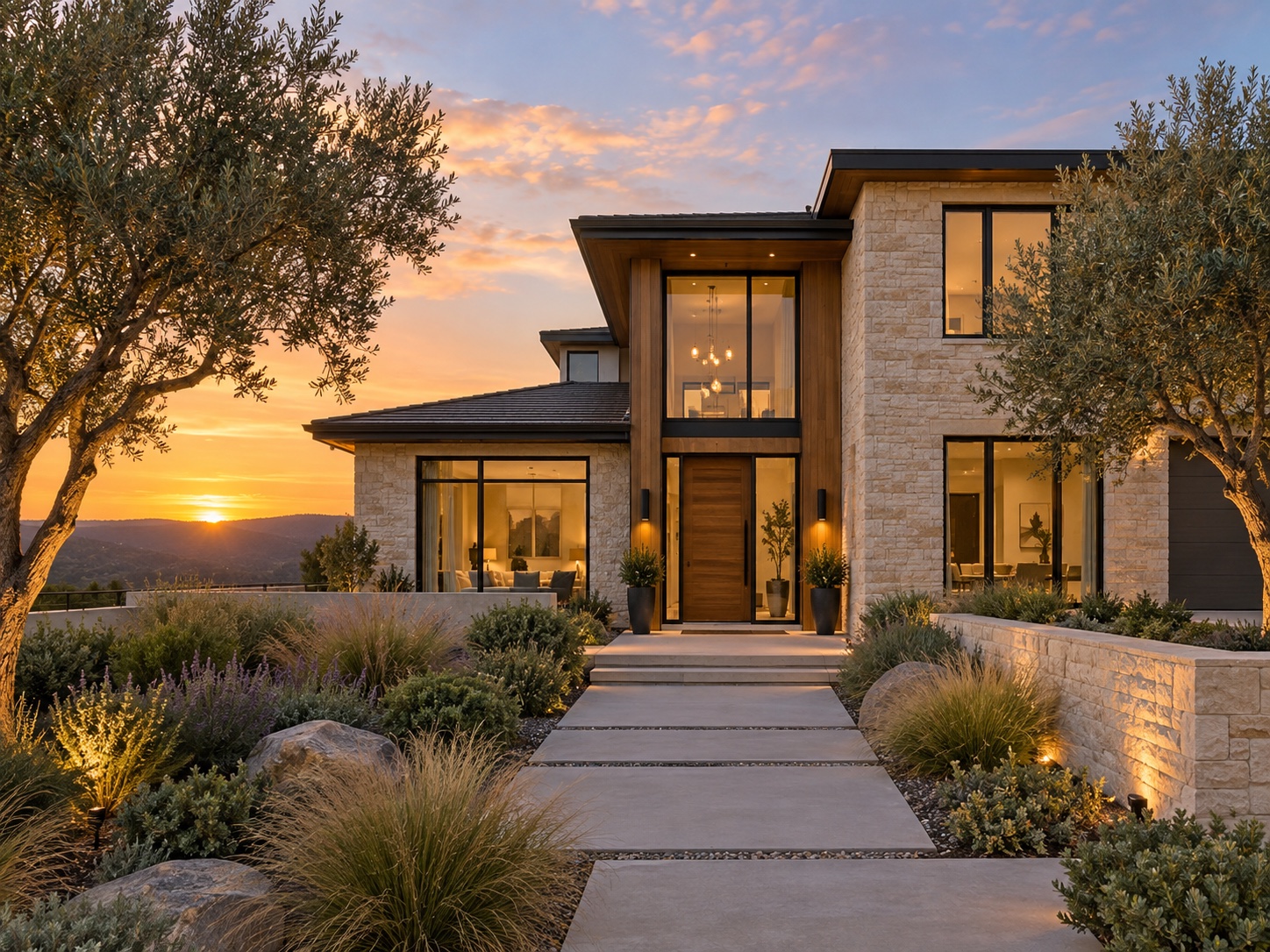 Contemporary home prepared for market at sunset